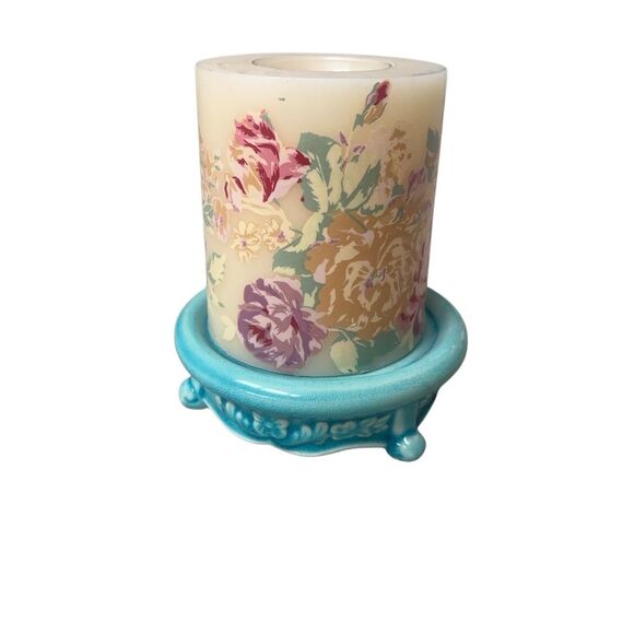 Floral Print Pillar Candle with Turquoise Ceramic Pedestal Stand option for led - Picture 2 of 4
